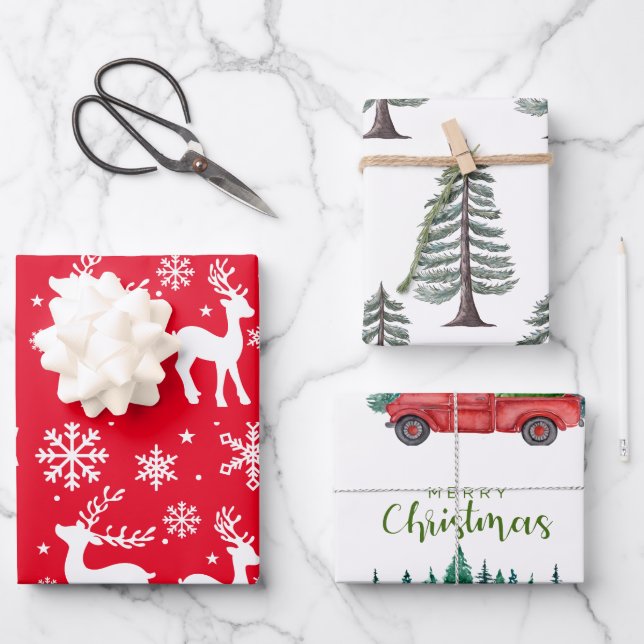 Snowflakes  and reindeers  Christmas  Green Tree  Wrapping Paper Sheet (Front)