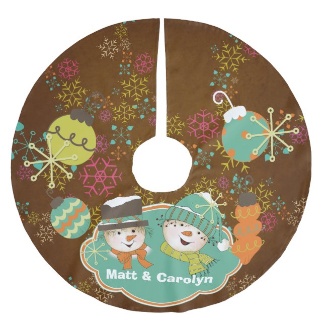 Snowflakes and Snowmen Custom Holiday Tree Skirt (Front)