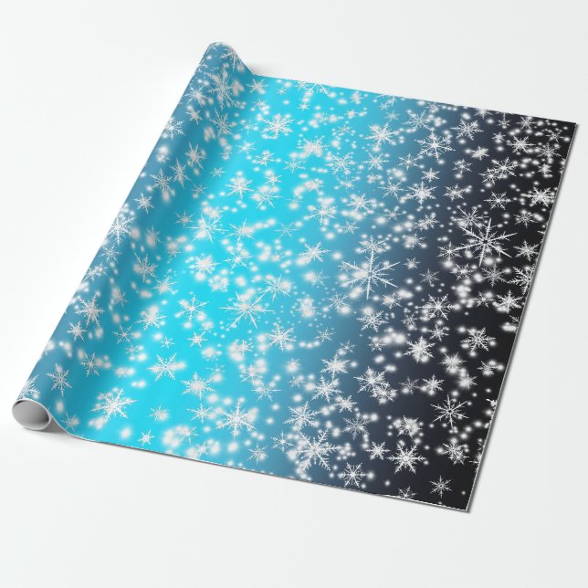 Snowflakes and Sparkles over Blue Light Wrapping Paper (Unrolled)