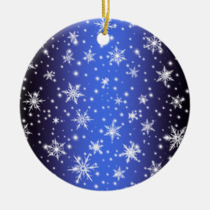 Snowflakes and Sparkles over Navy Blue Light Ceramic Ornament