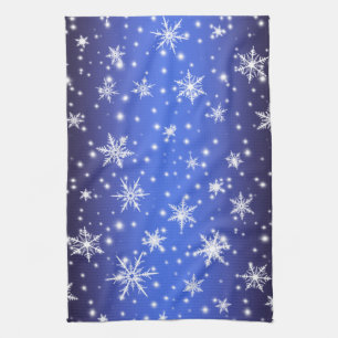 Snowflakes and Sparkles over Navy Blue Light Kitchen Towel