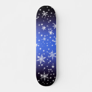 Snowflakes and Sparkles over Navy Blue Light Skateboard