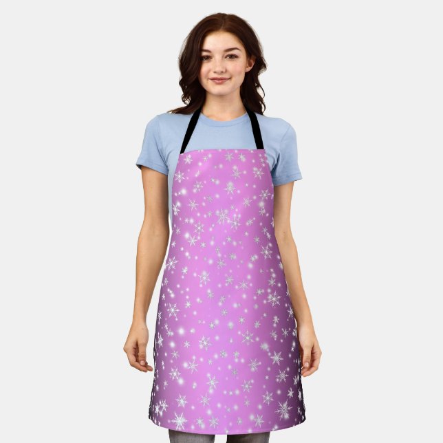 Snowflakes and Sparkles over Pink Light Apron (Worn)