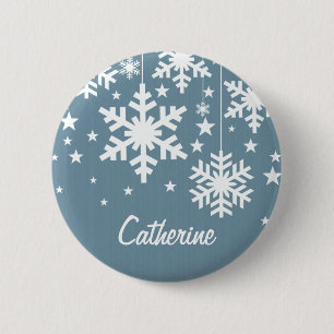 Snowflakes and Stars Button, Blue 2 Inch Round Button