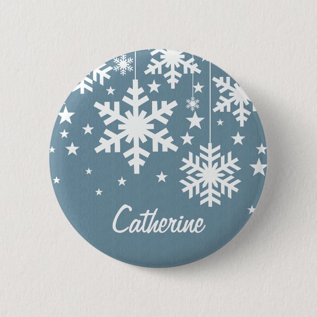 Snowflakes and Stars Button, Blue 2 Inch Round Button (Front)