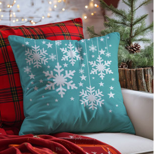 Snowflakes and Stars Pillow, Aqua Throw Pillow