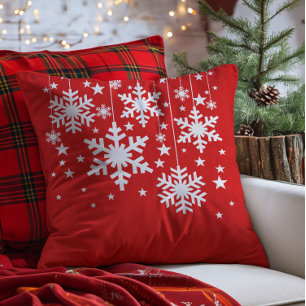 Snowflakes and Stars Pillow, Red Throw Pillow