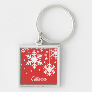 Snowflakes and Stars Premium Keychain, Red Keychain