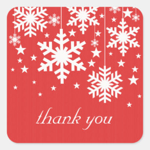 Snowflakes and Stars Thank You Stickers, Red Square Sticker
