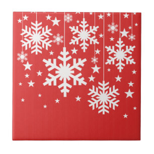Snowflakes and Stars Tile, Red Tile