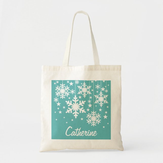 Snowflakes and Stars Tote Bag, Aqua Bag (Front)
