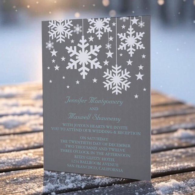 Snowflakes and Stars Wedding Invite, Grey Invitation (Gray Snowflakes and Stars Wedding Invitation)
