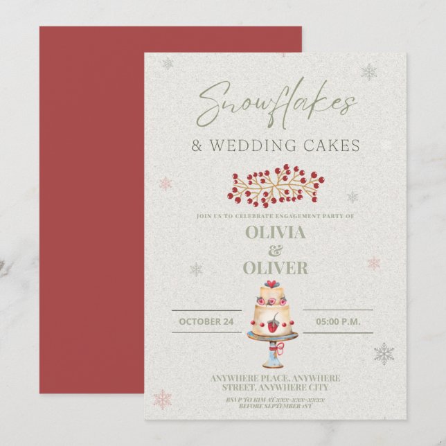 Snowflakes and wedding cake engagement party invitation (Front/Back)