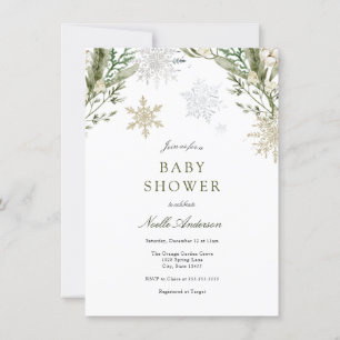 Snowflakes and Winter Greenery Baby Shower Invitation