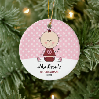 Snowflakes Baby Girl 1st Christmas Personalized Ceramic Ornament