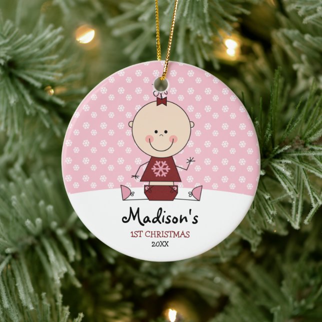 Snowflakes Baby Girl 1st Christmas Personalized Ceramic Ornament (Tree)
