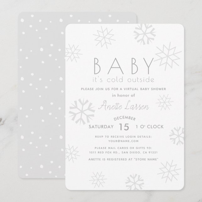 Snowflakes Baby Its Cold Grey Virtual Baby Shower Invitation (Front/Back)