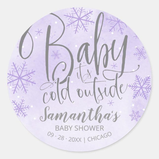 Snowflakes Baby It's Cold Outside Baby Shower Clas Classic Round Sticker (Front)