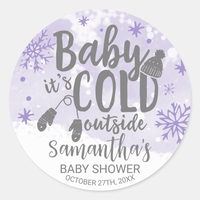 Snowflakes Baby It's Cold Outside Baby Shower Classic Round Sticker (Front)