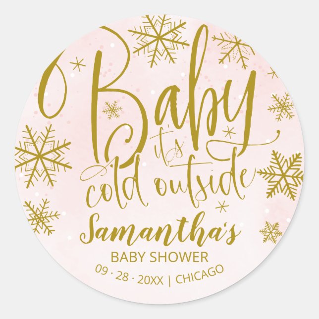 Snowflakes Baby It's Cold Outside Girl Baby Shower Classic Round Sticker (Front)