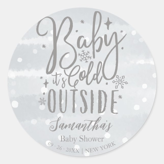 Snowflakes Baby It's Cold Outside Grey Baby Shower Classic Round Sticker (Front)