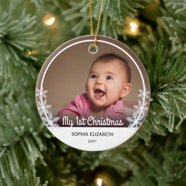 Snowflakes Baby's First Christmas Photo White Ceramic Ornament (Tree)
