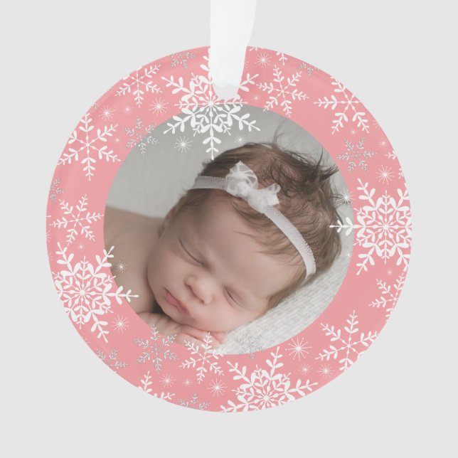 Snowflakes Baby's First Christmas Pink Glitter Ornament (Front)