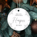 Snowflakes Baby's First Christmas Script Name Metal Ornament<br><div class="desc">Personalized baby's first Christmas ornaments feature elegant trendy baby name script and snowflakes in light grey, black and white, optional couple photo on the back, modern and simple.</div>