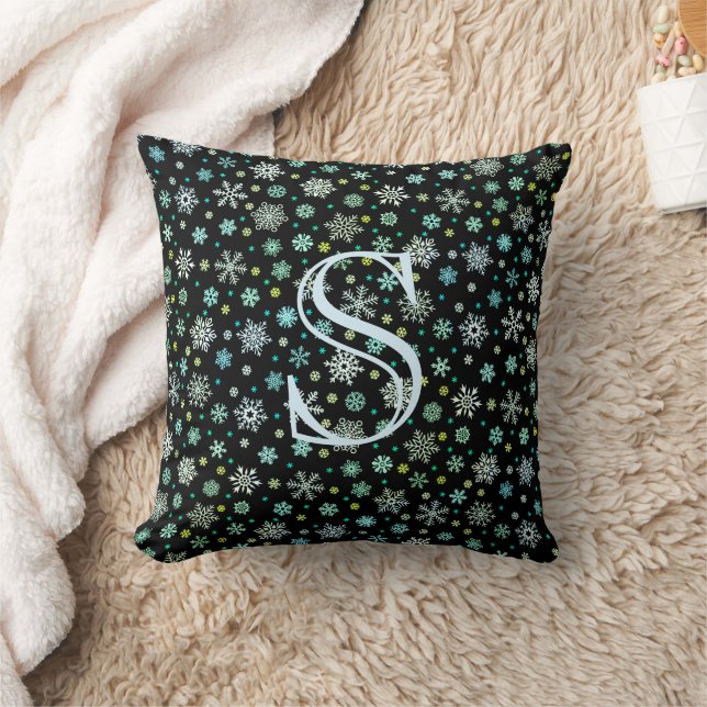 Snowflakes Black Modern Chic Elegant Monogrammed Throw Pillow (Blanket)