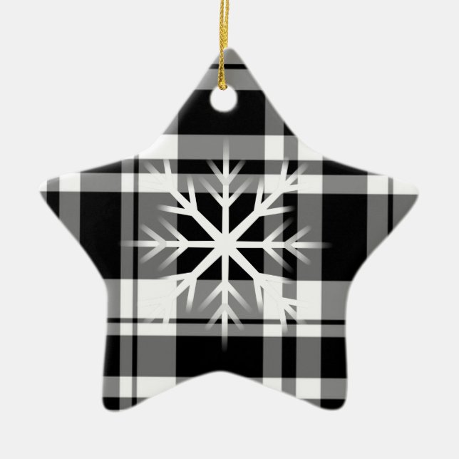 Snowflakes, black white plaid pattern ceramic ornament (Front)