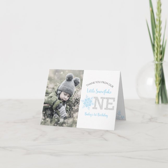 Snowflakes Blue 1st Birthday Boy Thank You Card (Front)