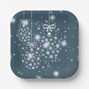 Snowflakes, blue and white, balloons, Merry Paper Plate
