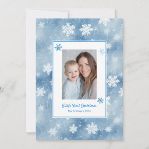 Snowflakes Blue Baby Boy First Christmas Photo Holiday Card