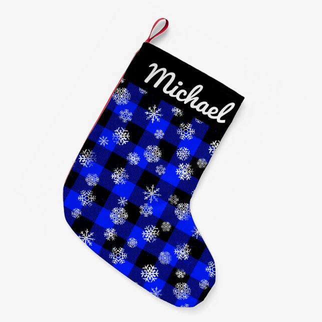 Snowflakes Blue Buffalo Plaid l Christmas Pattern Small Christmas Stocking (Front (Hanging))
