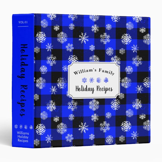 Snowflakes Blue Buffalo Plaid l Christmas Recipe Binder (Front/Spine)