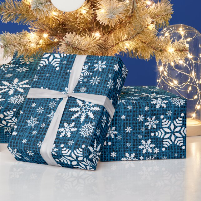 Snowflakes - Blue Burlap Texture Wrapping Paper (Holidays)