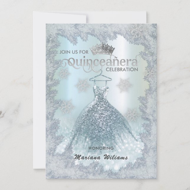 Snowflakes blue dress ombre tiara Quinceañera Invitation (Front)