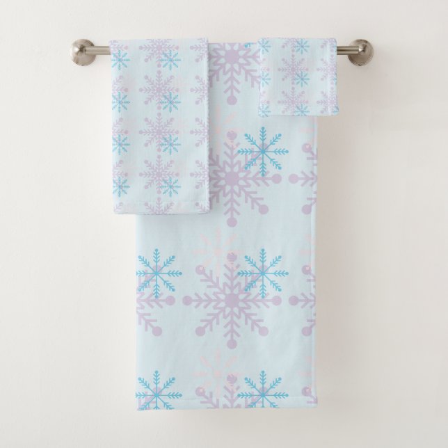 Snowflakes Blue Purple Cute Winter Ice Snow Bath Towel Set (Insitu)