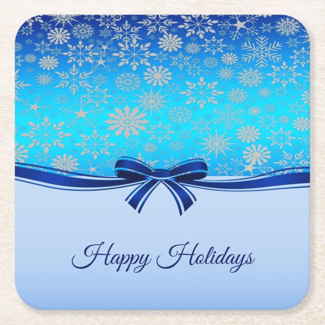 Snowflakes Blue Ribbon Holiday Paper Coaster (Front)