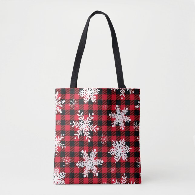 Snowflakes & Buffalo Plaid: Winter Charm Tote Bag (Front)