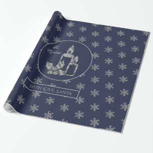 Snowflakes Candles Holly Blue and Silver Christmas Wrapping Paper