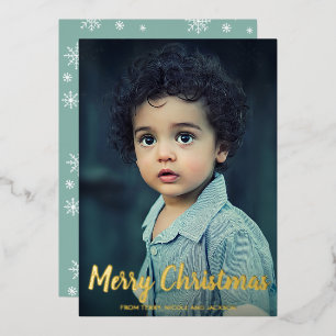 Snowflakes Chalk Script Photo Modern Christmas Foil Holiday Card