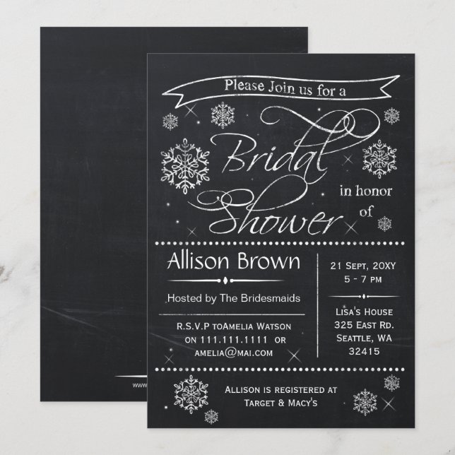 snowflakes Chalkboard Bride douche Invitations (Devant / Derrière)