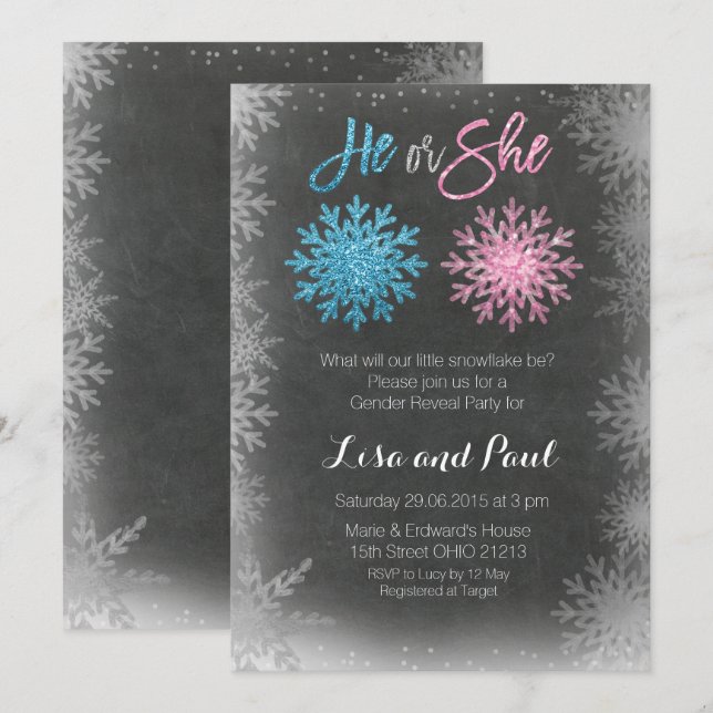 Snowflakes chalkboard gender reveal invitation (Front/Back)