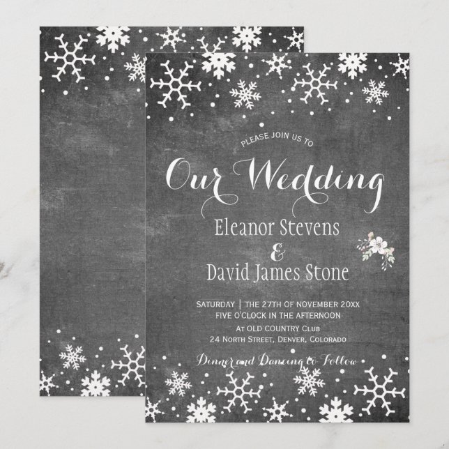Snowflakes chalkboard winter rustic wedding invitation (Front/Back)