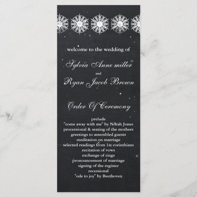 snowflakes chalkboard winter  Wedding program (Front)