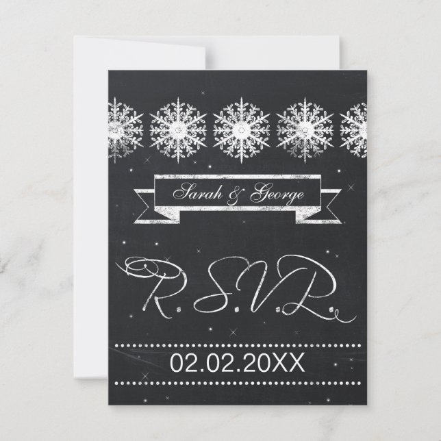 snowflakes chalkboard winter wedding RSVP Card (Front)
