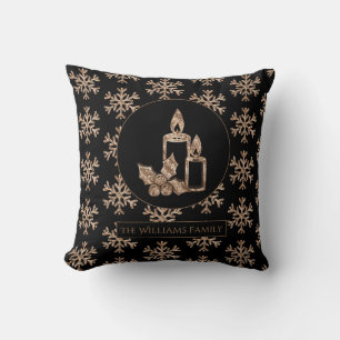 Snowflakes Christmas Candle Elegant Black and Gold Throw Pillow