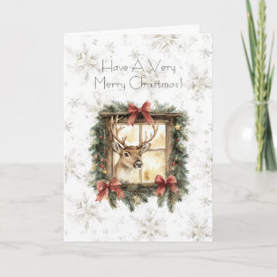 Snowflakes Christmas Deer in Window Red Bows Card