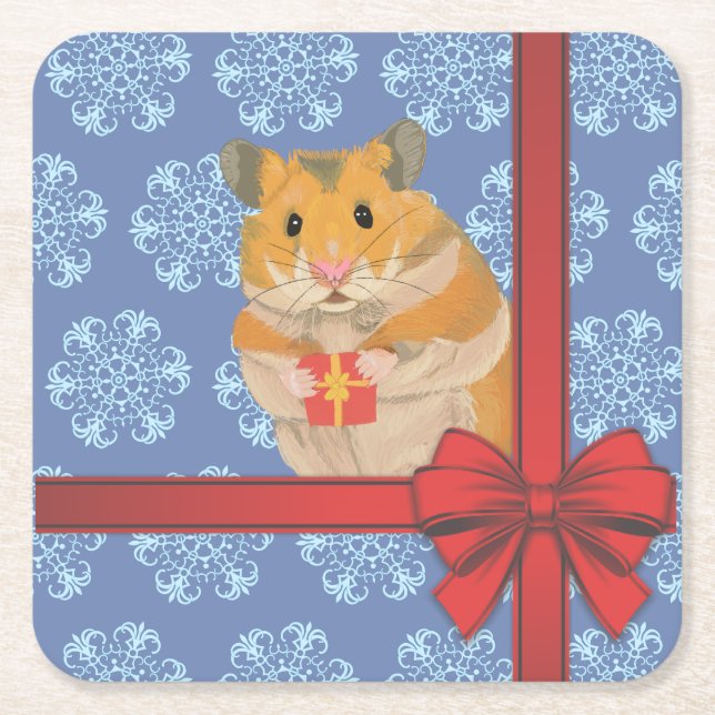 Snowflakes Christmas Hamster Square Paper Coaster (Front)